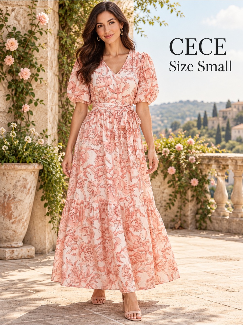 CeCe Floral Linen Blend Puff Sleeve Belted Tiered Maxi Dress S